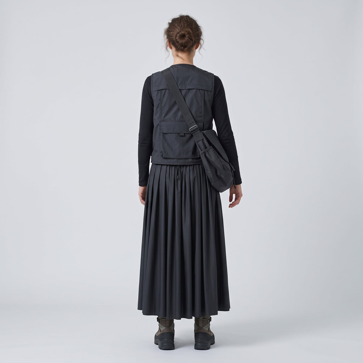 Black Pleated Belted Midi Skirt