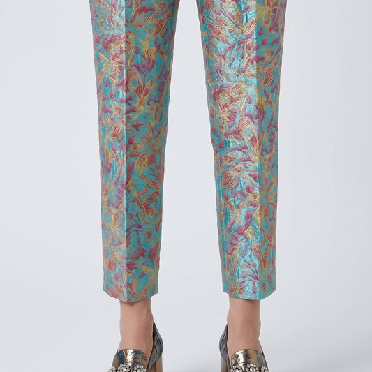 Metallic Turquoise Jacquard Trousers