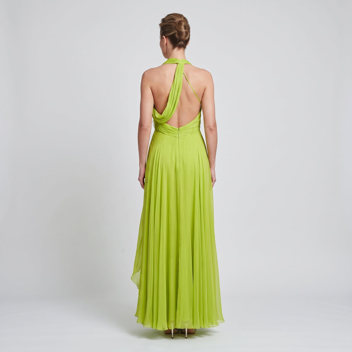 Neon Green Pleated Halter Gown