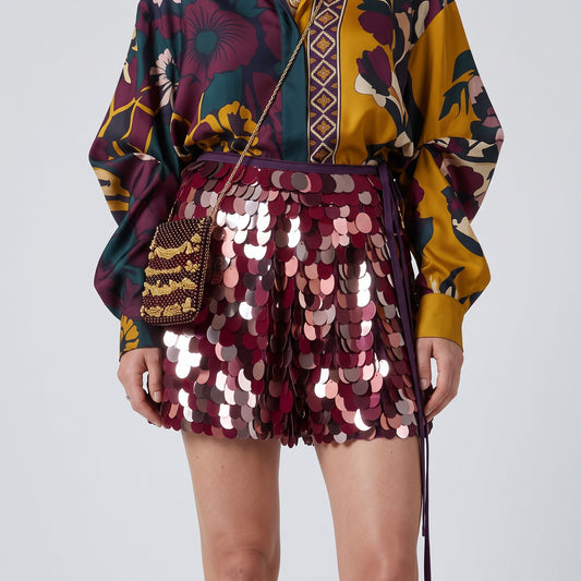 Burgundy Sequin Wrap Mini Skirt