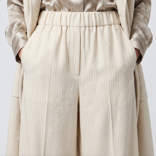 Ecru Textured Wide Leg Pants