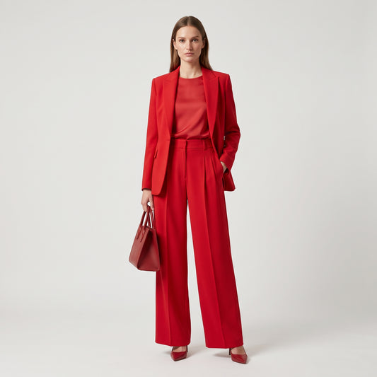 Red Wide-Leg Pleated Trousers
