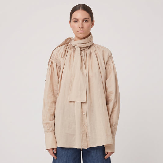 Smocked Tie-Neck Cotton Blouse