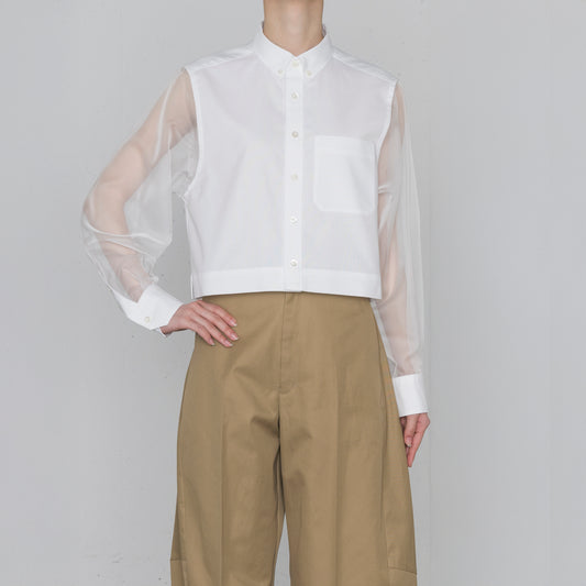 Oxford B.D. Shirt With Sheer Sleeve-White