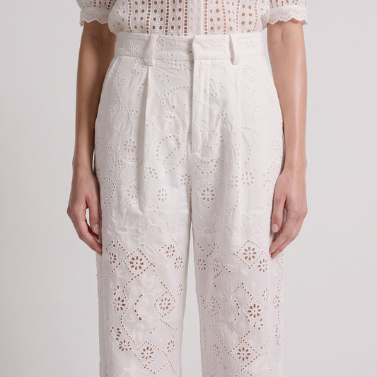 Eyelet Embroidered Wide-Leg Trousers