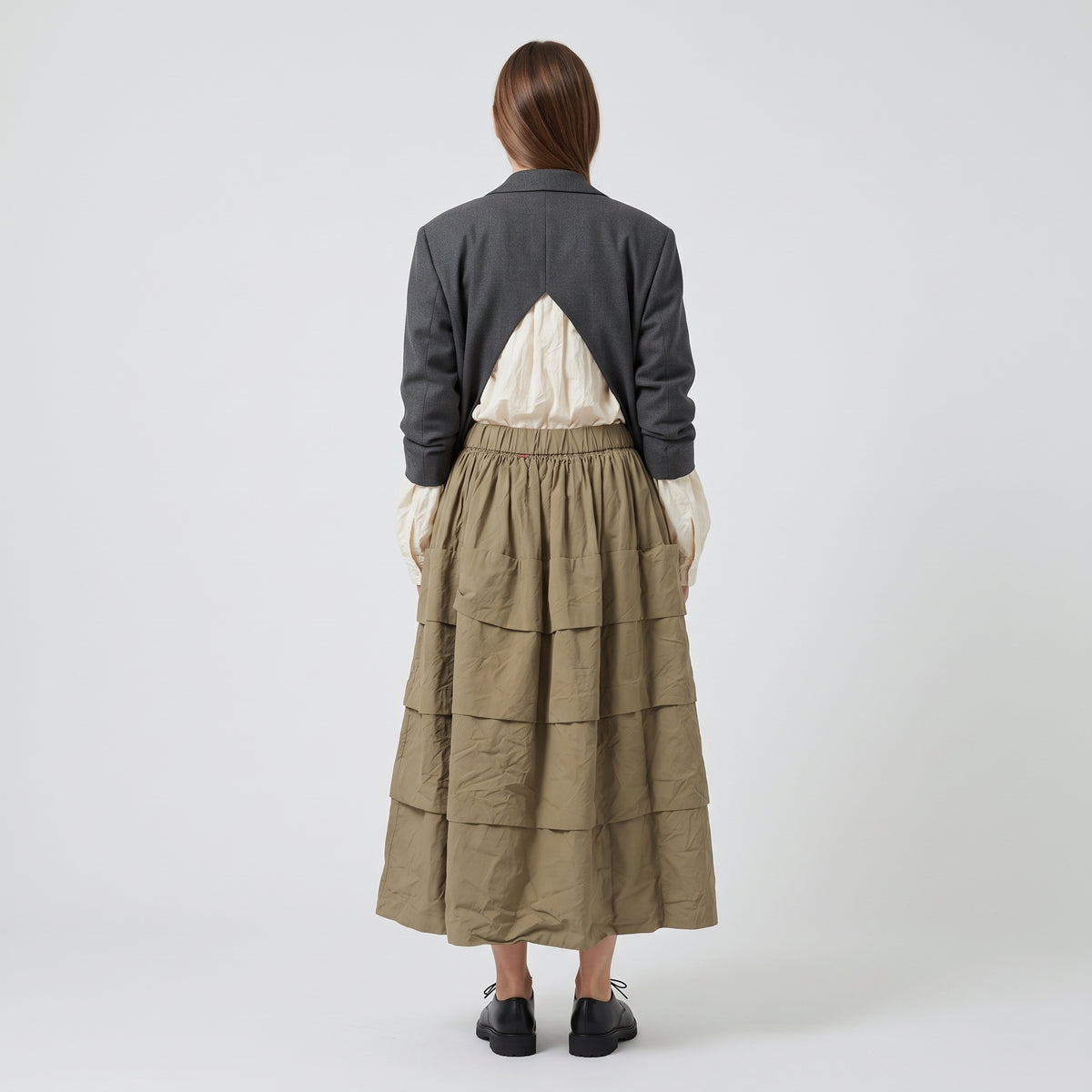 Tiered Khaki Midi Skirt