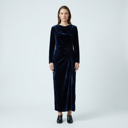 NATAN Draped Navy Velvet Midi Dress - view 2