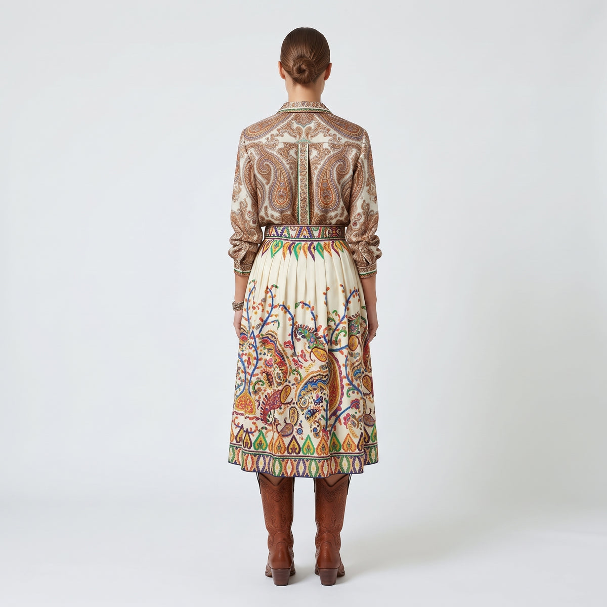 Paisley Print Pleated Midi Skirt
