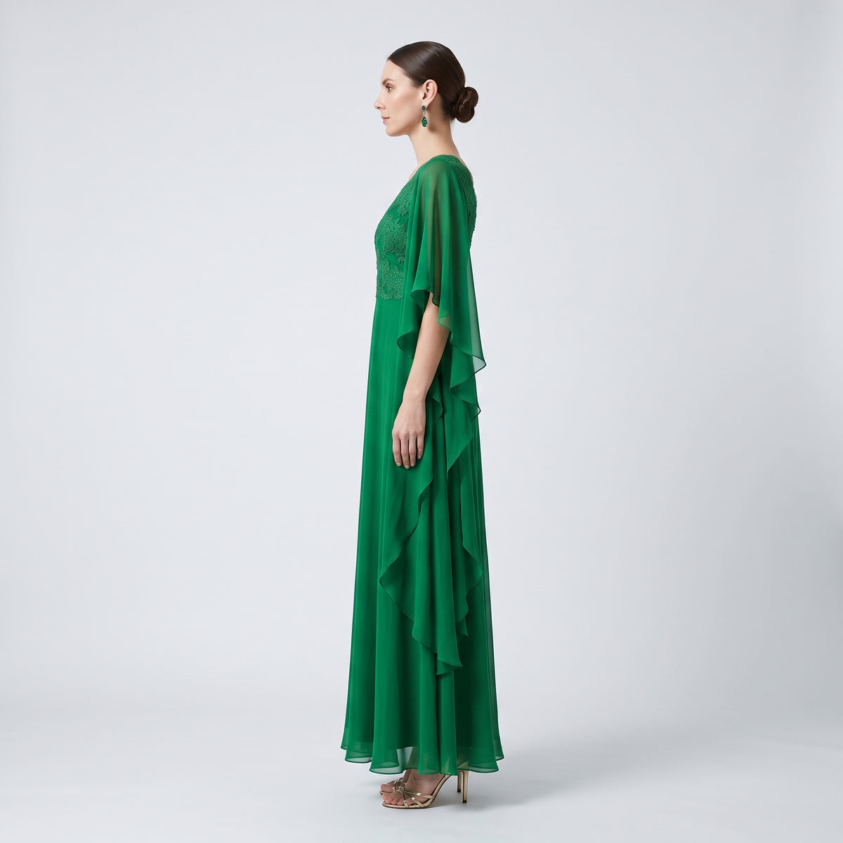 Emerald Lace Cape Sleeve Gown