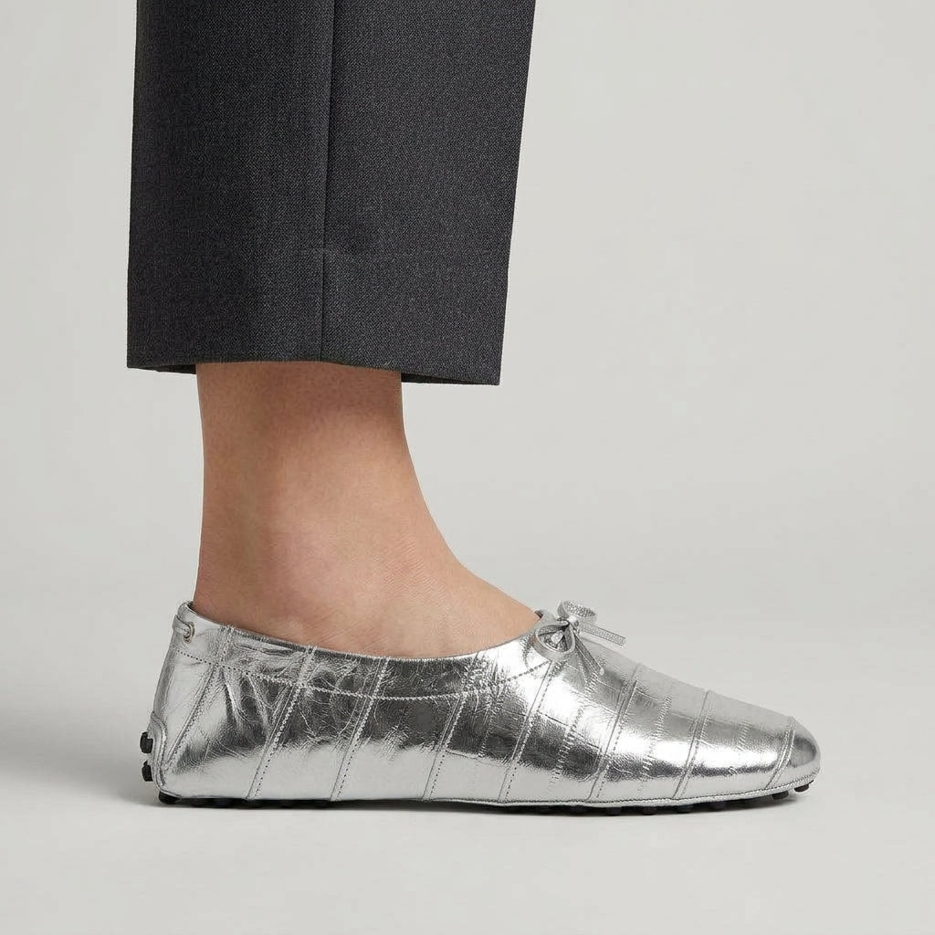 Metallic Silver Leather Loafers