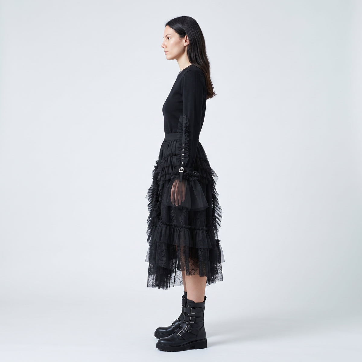 Buckled Tulle Sleeve Blouse