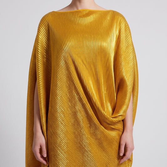 Sculptural Pleated Gold Metallic Dress