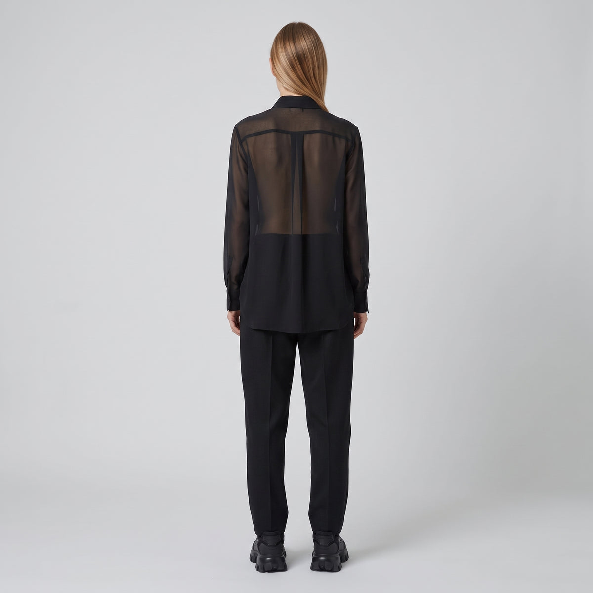 Ruffled Sheer Black Button Shirt