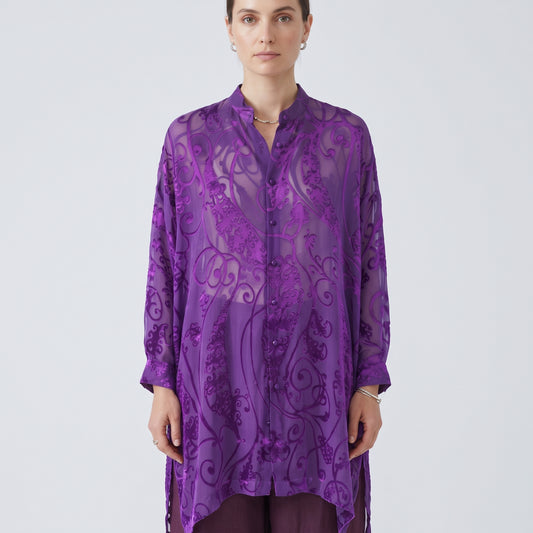 ESKANDAR Collarless Purple Devoré Long Shirt - view 2