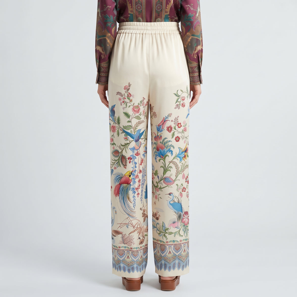 Beige Floral Wide Leg Trousers