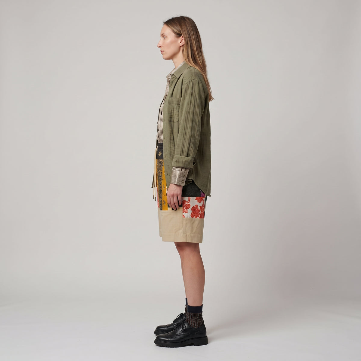 Patchwork Cotton Drawstring Shorts