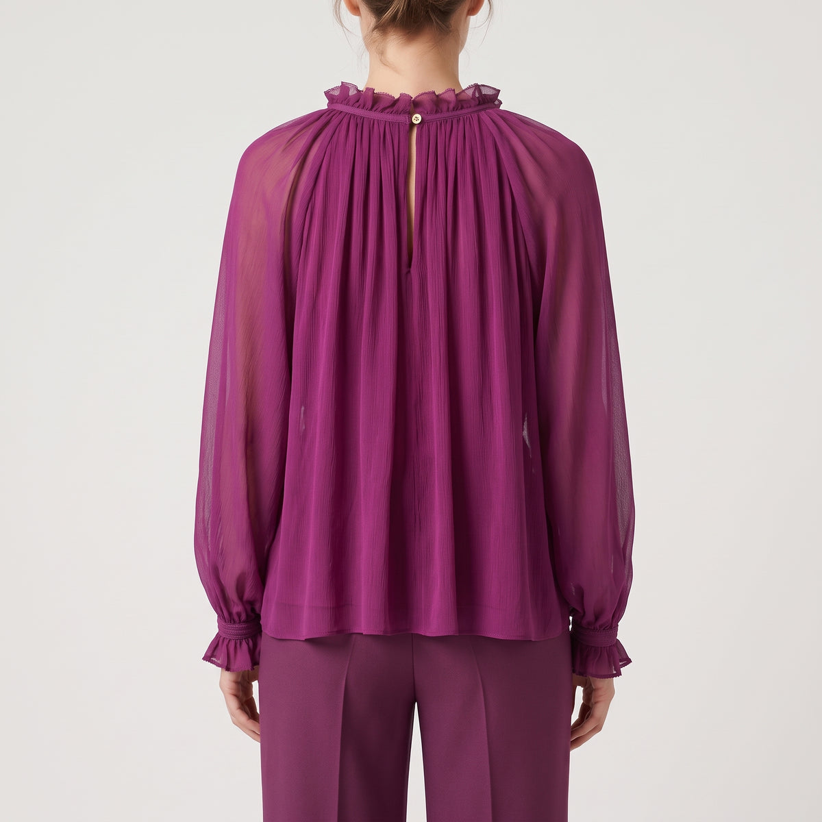Ruffled High-Neck Violet Blouse