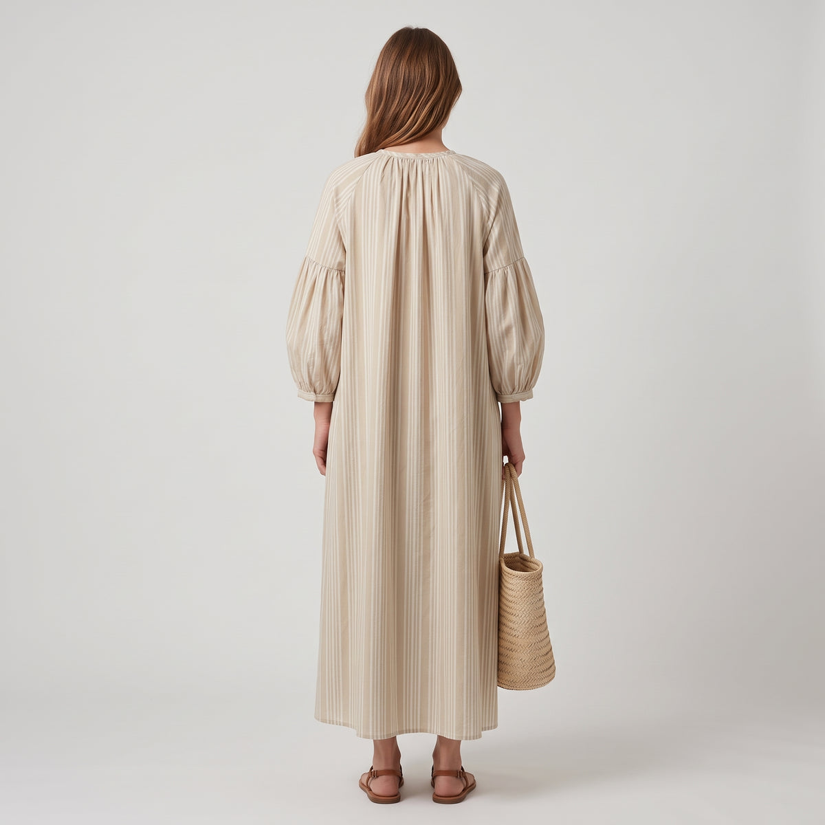 Striped Gathered Cotton Midi Dress