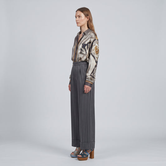 Navy Striped Wide-Leg Trousers