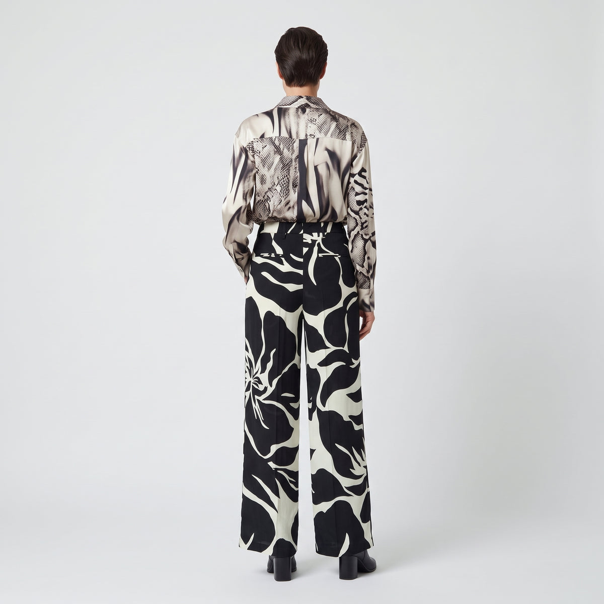 Monochrome Floral Wide Leg Trousers