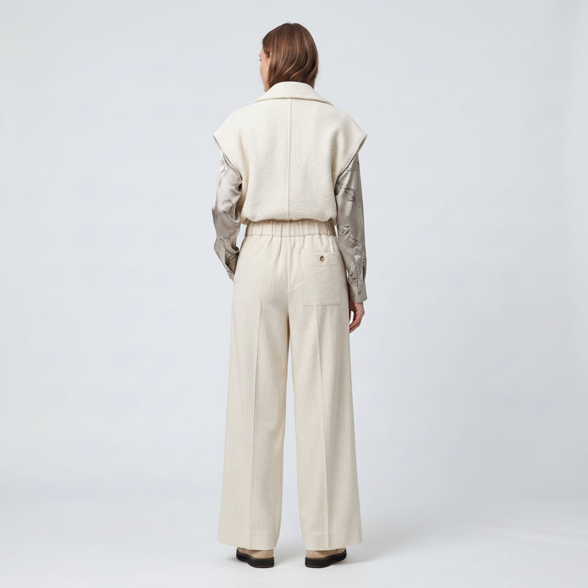 Ecru Textured Wide Leg Pants