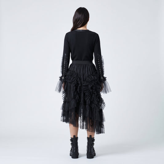 Buckled Tulle Sleeve Blouse
