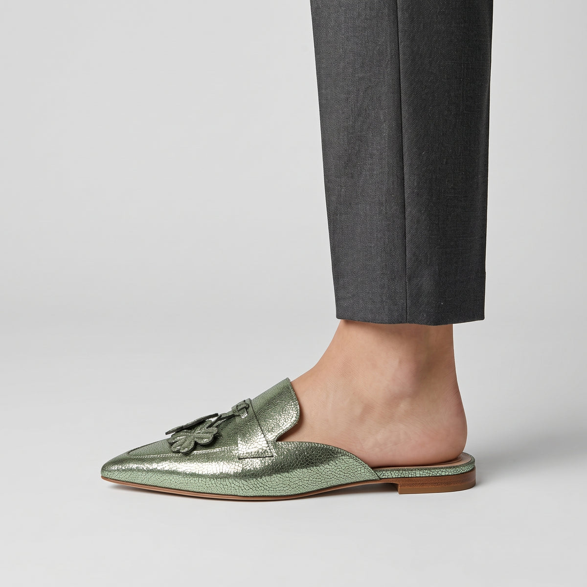 Metallic Green Floral Pointed Mules