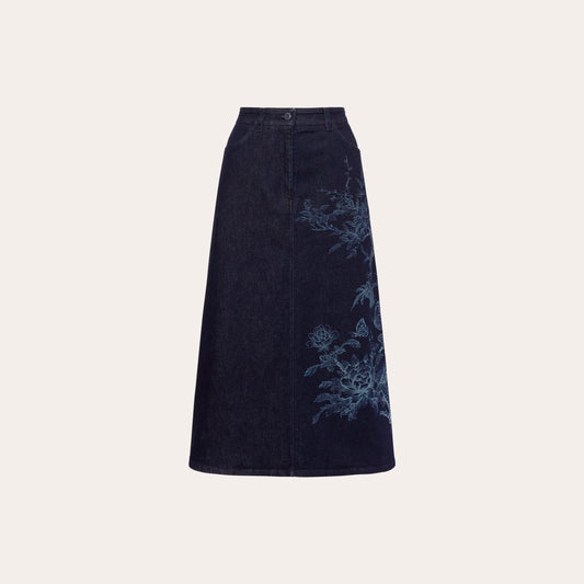 Denim skirt with cherry and butterfly design