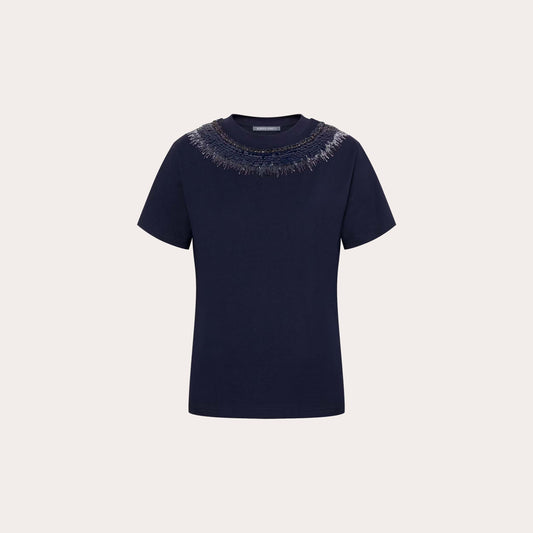 Embellished Navy Cotton T-Shirt