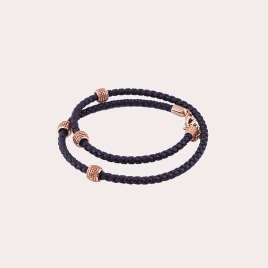 Damiani Black Leather Double Wrap Bracelet with Rose Gold Accents