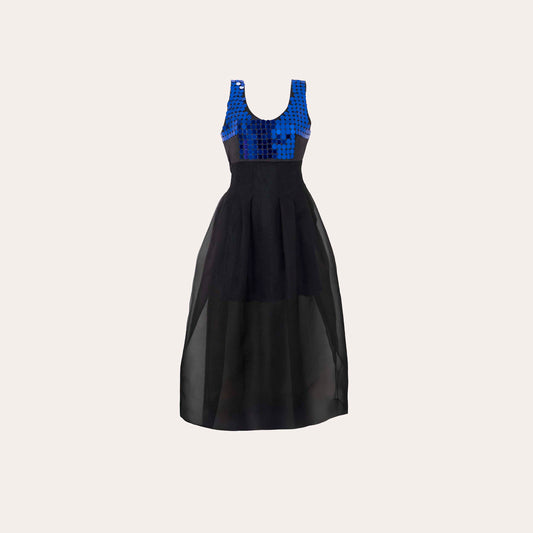 Black Sheer Maxi Dress with Blue Sequin Bodice