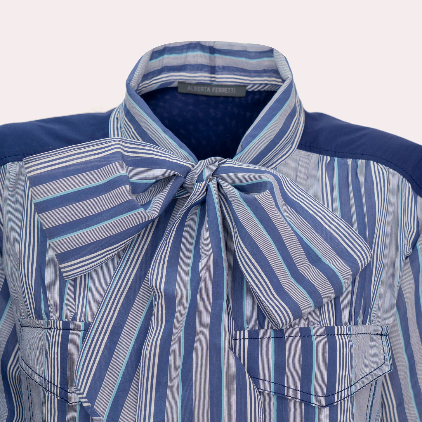 Alberta Ferretti Striped Cotton Shirt Dress with Bow Detail