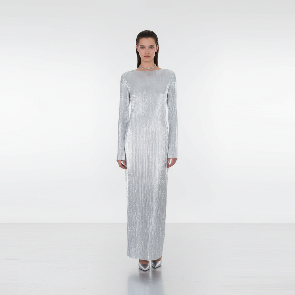 METALLIC PLISSE DRESS