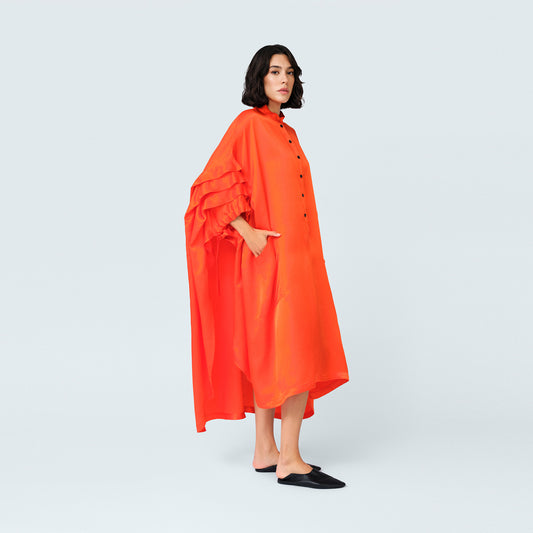 Bright Orange Ruffle-Sleeve Oversized Dress