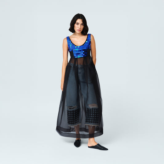 Black Sheer Maxi Dress with Blue Sequin Bodice