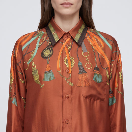 Orange Silk Tassel Print Shirt
