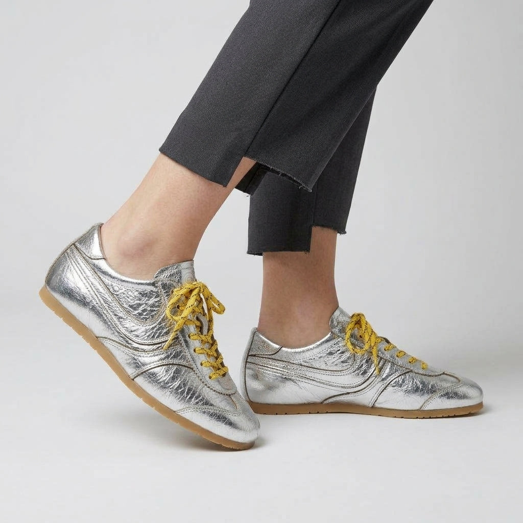 Metallic Silver Leather Sneakers