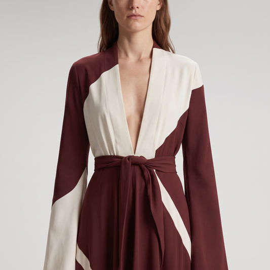 Colorblock Silk Wrap Midi Dress