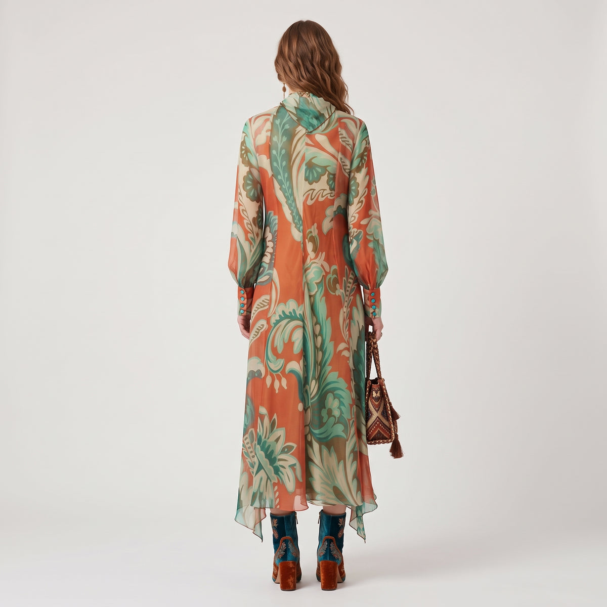 Orange Floral Silk Midi Dress