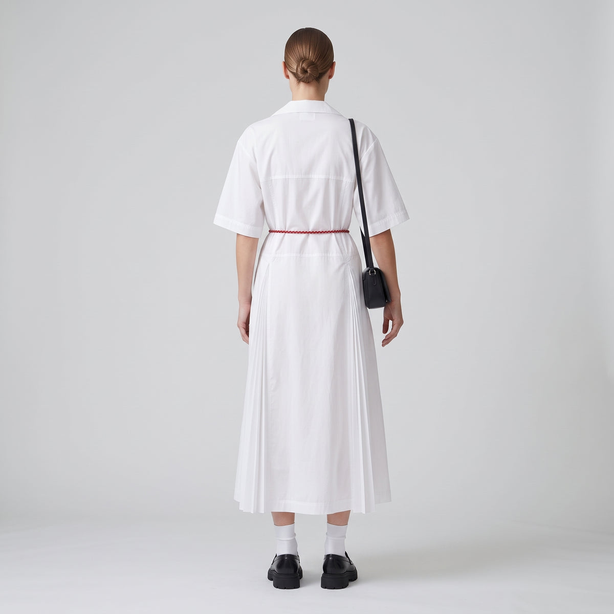 White Pleated Belted Midi Dress