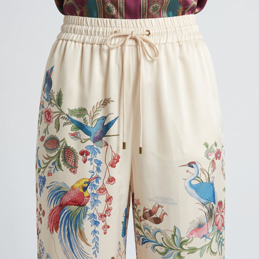 Beige Floral Wide Leg Trousers