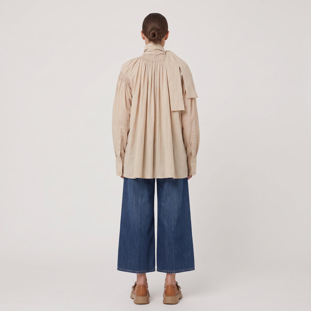 Smocked Tie-Neck Cotton Blouse