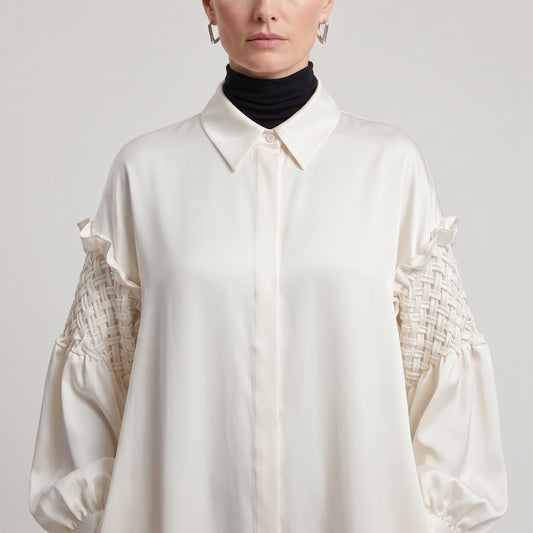 BY FANG Cream Smocked Sleeve Shirt Dress - view 2