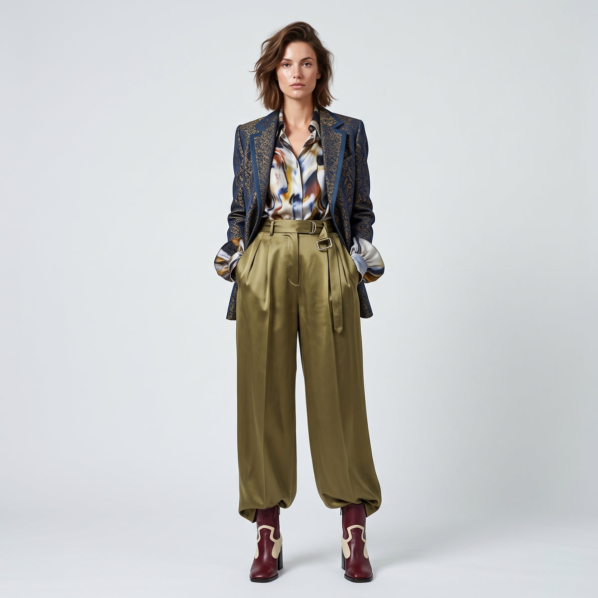 Belted Satin Wide-Leg Trousers