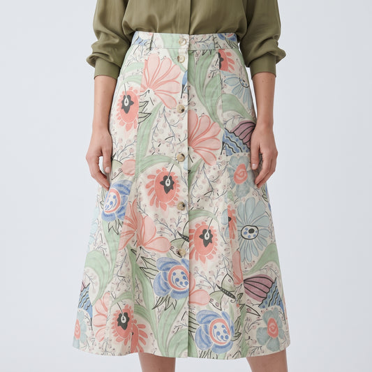 Floral Button Front A-Line Skirt