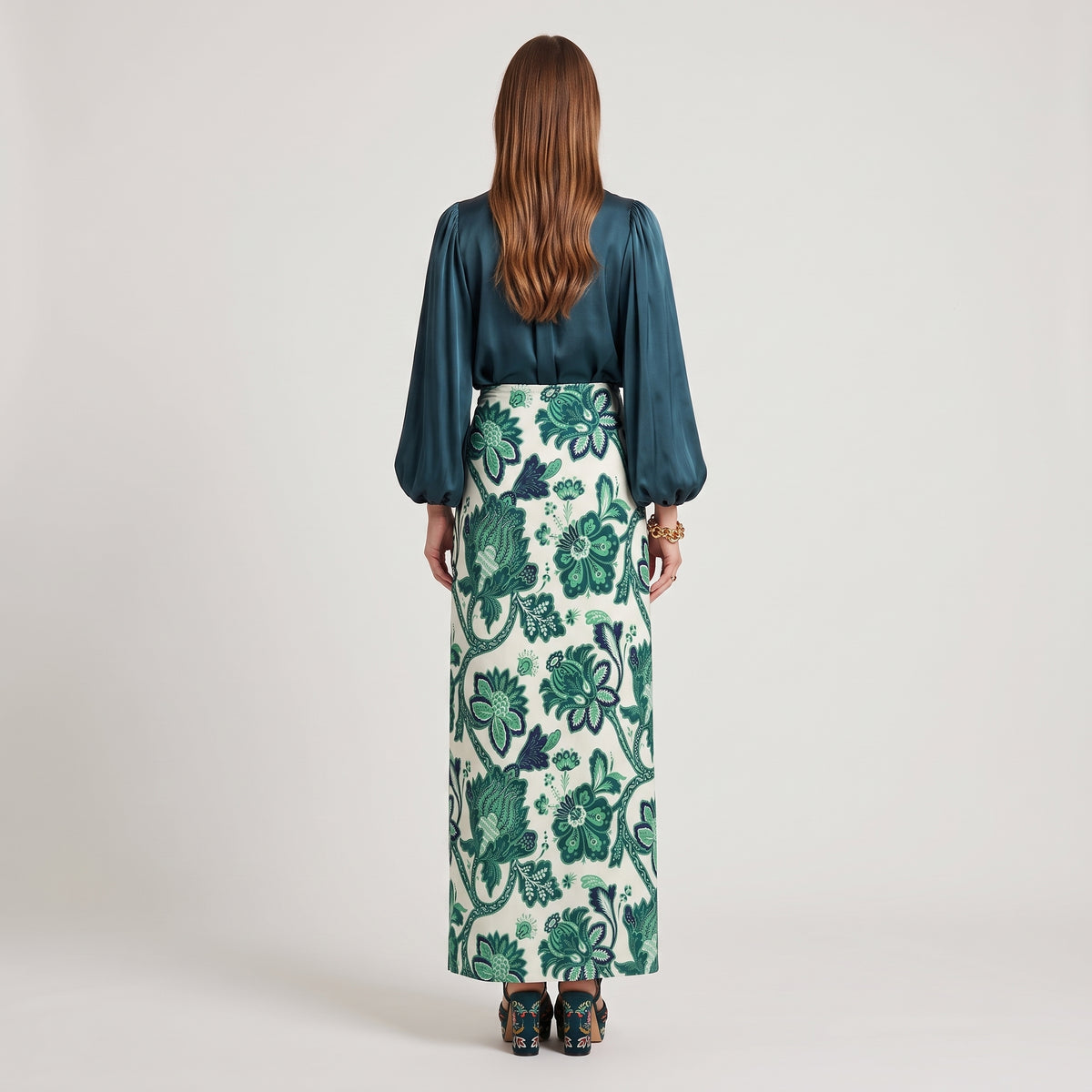 Green Floral Wrap Midi Skirt