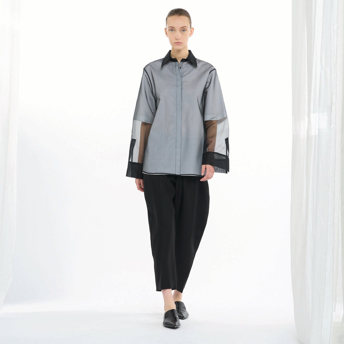 Sheer Black Contrast-Collar Shirt