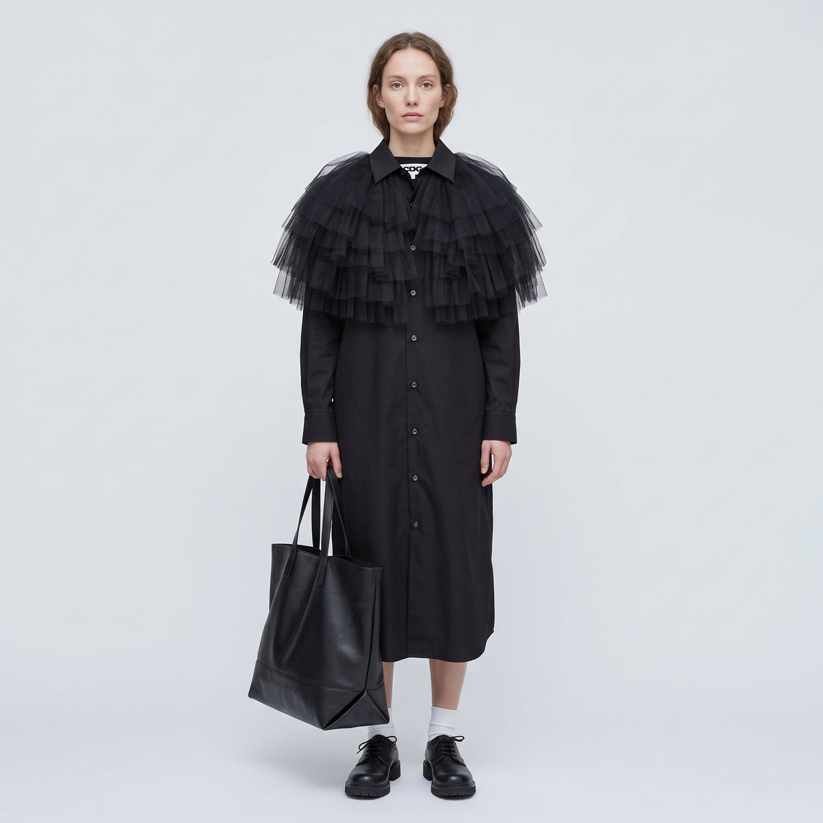 COMME DES GARCONS Ruffled Tulle Collar Shirt Dress - view 3