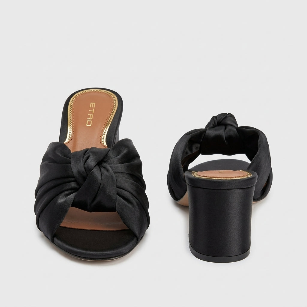 Satin Knotted Block Heel Mules
