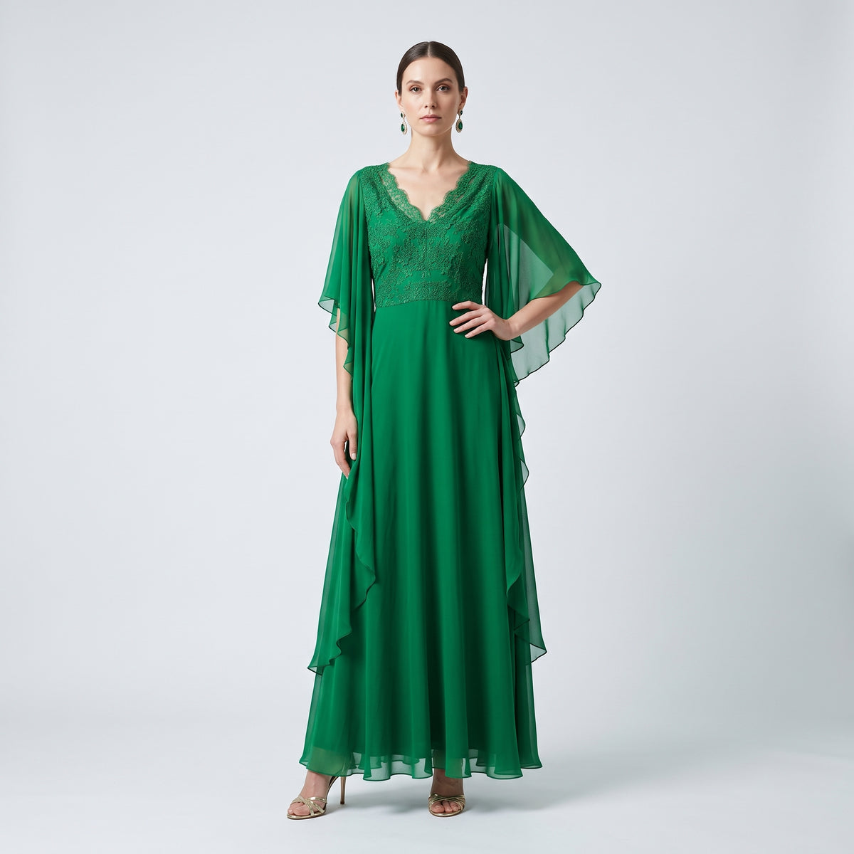 Emerald Lace Cape Sleeve Gown